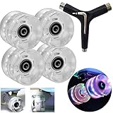 Ruedas de luz LED para monopatines (paquete de 4) brillan en la oscuridad con rodamientos ABEC 7 incorporados, tamaño 60 mm x 45 mm, apto para la mayoría de patinetas, cruceros o tablas largas, sin necesidad de baterías, además de herramientas de monopatín